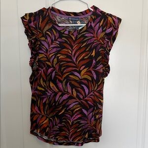 Democracy Purple and Orange Leaf Print Short Sleeve Top